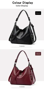 Detail view of large capacity hobo bags in black and wine red litchi texture leather