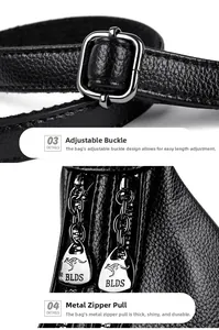 Macro detail of black litchi leather bag showing metal buckle and kangaroo zipper head