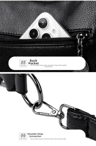 Detail of black lychee leather bag featuring a secure back zipper pocket and metal hardware