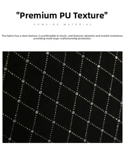 Close-up of durable black PU leather with sparkling diamond grid and scratch-resistant texture