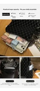 Macro view of black quilted backpack with silver rhinestones showing interior and side pockets
