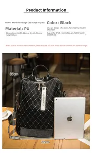 Detail of rhinestone diamond pattern on black PU leather backpack with a branded charm