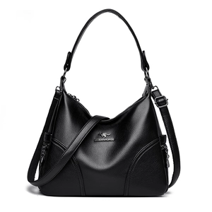 Classic black leather tote bag for women with kangaroo logo and adjustable strap