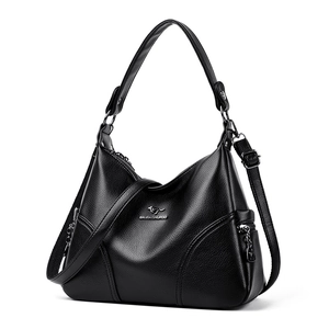 Classic black litchi grain shoulder bag with large capacity and adjustable strap