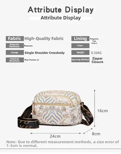 Detail diagram showing 24x16x8cm dimensions and internal dual pockets of the floral bag