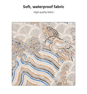 Close-up of soft waterproof jacquard fabric with traditional wave patterns and water droplets