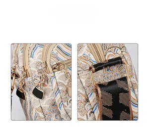 Close-up of ethnic jacquard fabric texture and heart-shaped metal zippers on the bag