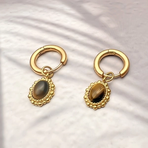 Boucles D'oreilles Créoles Pendantes Pierre Oeil De Tigre Vintage Acier Inoxydable Plaqué Or 18K Bord Festonné Boho Femmes