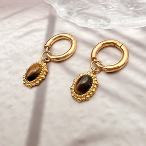 Boucles d'oreilles pendantes ovales en œil de tigre plaqué or 18 carats pour femme style rétro