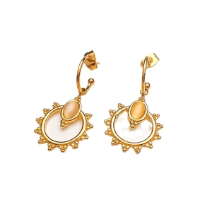 Retro 18K gold plated C-shape stainless steel earrings with cat eye stone and shell