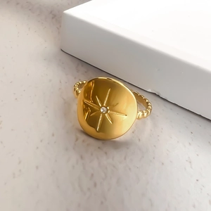 Compass Star Stainless Steel Adjustable Ring Sun Flower Engraved Zircon Gold Plated Vintage Jewelry For Women