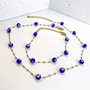 Collier Et Bracelet Mauvais Œil En Acier Inoxydable Plaqué Or Perles De Verre Bleues Accessoire De Mode Bohème Pour Femme