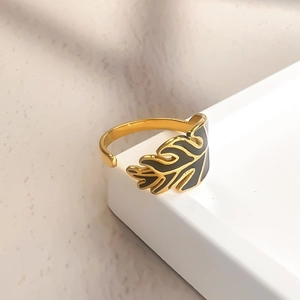 Monstera Leaf Open Ring Stainless Steel Gold Plated Black Enamel Palm Leaf Adjustable Fashion Jewelry For Women