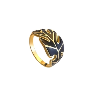 Elegant gold stainless steel open ring featuring black enamel palm leaf design