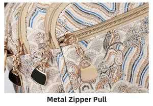 Detail of vintage jacquard fabric pattern and gold multi-layer zippers on the handbag