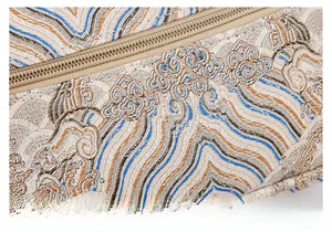 Macro detail of high-density jacquard fabric with traditional patterns and neat stitching