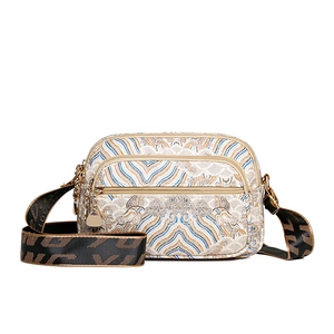 Vintage floral crossbody bag with three zipper compartments and ethnic jacquard fabric pattern