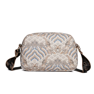 Vintage style floral crossbody bag with wide jacquard strap and cloud pattern