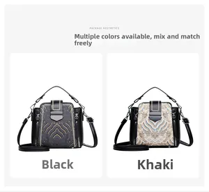 Detail view of vintage-style crossbody bags with floral embroidery in black and khaki