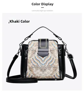 Close-up of retro ethnic embroidery and luxury leather texture on a crossbody bag