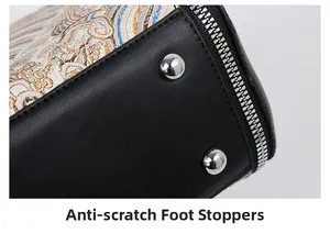 Close-up of protective silver studs and stitching on the base of a vintage texture bag