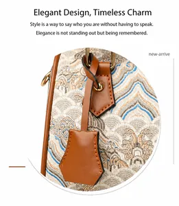 Detail of vintage embroidered tote bag with jacquard fabric and brown leather strap