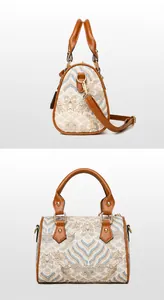 Detail view of the jacquard fabric with classic Chinese patterns on a large tote bag