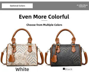 Detail view of large capacity shoulder bags in white and black with wavy patterns