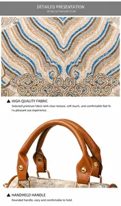 Detail showing the floral jacquard fabric texture and brown leather handle with gold metal buckle