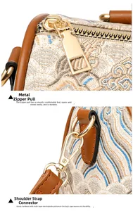 Close-up of golden zipper and hardware on vintage jacquard shoulder bag