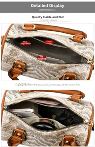 Detail view of the spacious inner compartments of a vintage woven Boston bag