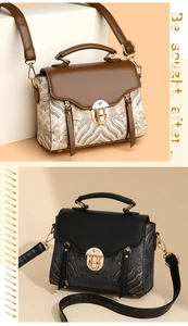 Detail of vintage patterned handbags with metallic clasps in brown and black options