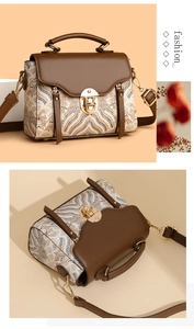 Detail view of brown and cream crossbody bag with traditional wave pattern and gold lock