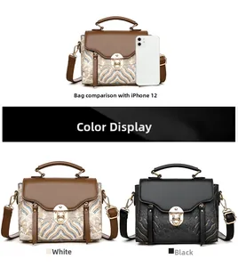 Detailed size comparison of vintage printed crossbody bags next to a smartphone