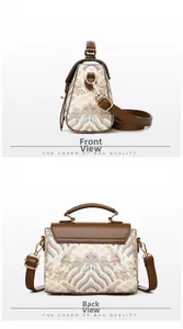 Detailed front and back views of a vintage jacquard handbag with sea wave embroidery