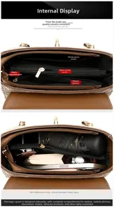 Detail view of the brown leather handbag's interior compartments and storage capacity