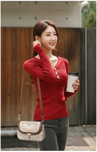 Ethnic pattern crossbody bag with brown leather trim and red V-neck knit shirt