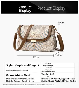 Detailed view of the crossbody bag showing its 22x14x6cm dimensions and white floral pattern