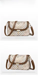 Detail view of ethnic square bag featuring blue jacquard fabric and brown leather trim