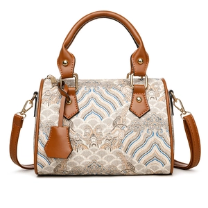 Women's Vintage Chinese Style Boston Bag Large Capacity Embroidery Jacquard Fabric Handbag With Brown Leather Handle Strap