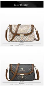 Close-up of small square crossbody bags with wave patterns and gold kangaroo logo accents