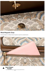 Detail of vintage square bag showing gold magnetic buckle and back zipper pocket