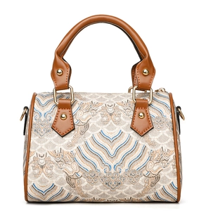 Large capacity shoulder bag with blue cloud jacquard pattern and leather handles
