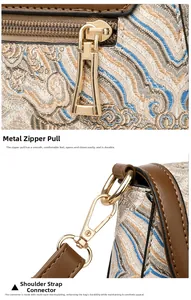 Detail of light gold zipper and swivel hook on ethnic style jacquard handbag