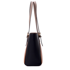 Bolso de hombro grande bicolor para mujer con asas marrones y cierres metálicos dorados