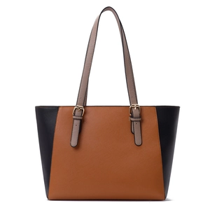 Bolso tote grande bicolor para mujer con cuero texturizado y asa ajustable dorada