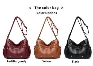 Trois sacs bandoulière en cuir rouge, marron et noir avec fermetures éclair argentées