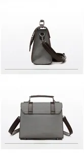 Dettagli fronte e retro di una borsa retrò in tessuto grigio con finiture in pelle marrone