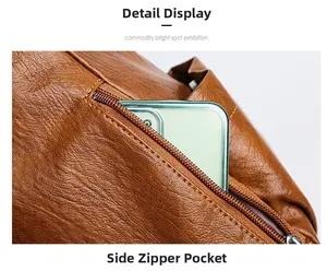 Dettaglio borsa in pelle marrone con pratica tasca laterale a zip per lo smartphone