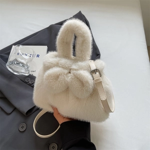 Plush Handbag Faux Fur Crossbody Bag With Bow Decor Adjustable PU Leather Strap Autumn Winter For Women